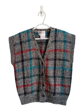Vintage 80s Morella Plaid Knit Button Front Vest Gray Teal And Red Medium